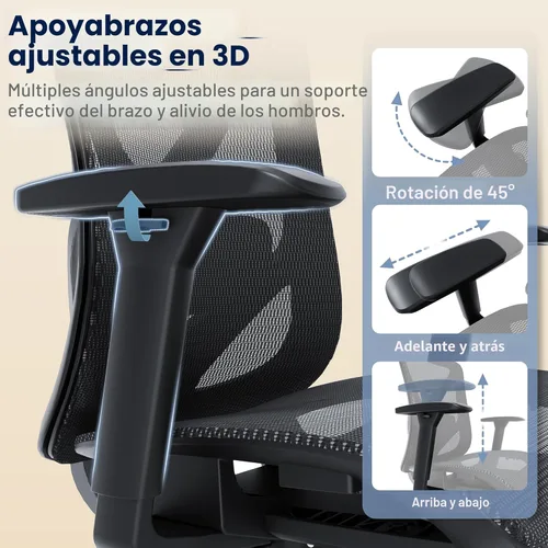 Miniatura 5 de Silla de oficina ergonómica, sillas de escritorio de malla para computadora con soporte lumbar ajustable, reposabrazos 3D, función de inclinación