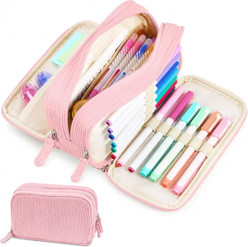 Miniatura 10 de Sooez Estuche de Lápices de Gran Capacidad con Funda para Bolígrafos, Bolsa de Lápiz de Corduroy Suave con 3 Compartimentos, Múltiples Bolsillos