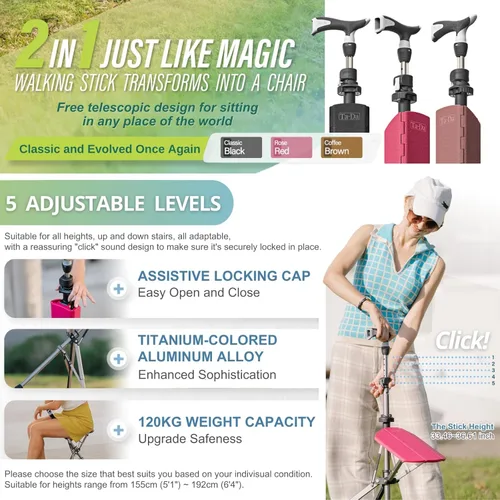 Miniatura 2 de Ta-Da Chair Series 1 Pro, Portable Trekking Hiking Pole, Folding Walking Stick with Seat, Walking Cane with Chair, Foldable Chair, Lightweight Rojo