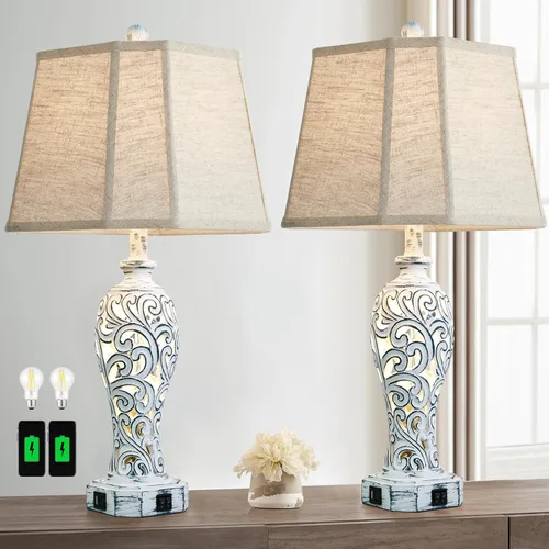 Miniatura 14 de Lámpara de mesa de granja de 25 pulgadas para sala de estar y dormitorio, lámpara de noche de diseño rústico vintage con 2 puertos USB y luz