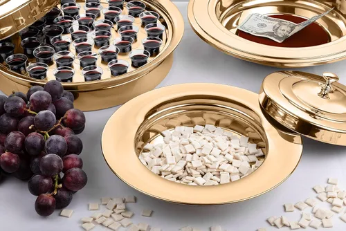 Miniatura 5 de (Plato de oferta rojo) Platos de oferta de acero inoxidable dorado prémium para iglesia Bandejas de oferta Plato de colección de iglesia Plato