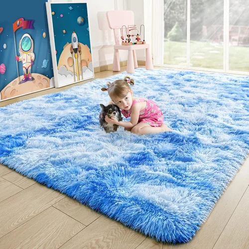 Miniatura 46 de Noahas - Alfombra suave y afelpada para habitación de niña y sala de estar, colorida, decoración para guardería, teñido anudado arcoíris, azul