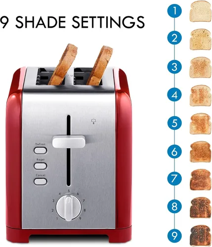 Miniatura 4 de Koolatron Kenmore - Tostadora de 2 rebanadas, acero inoxidable, rojo y plateado, con ranuras extra anchas, guías de pan autoajustables