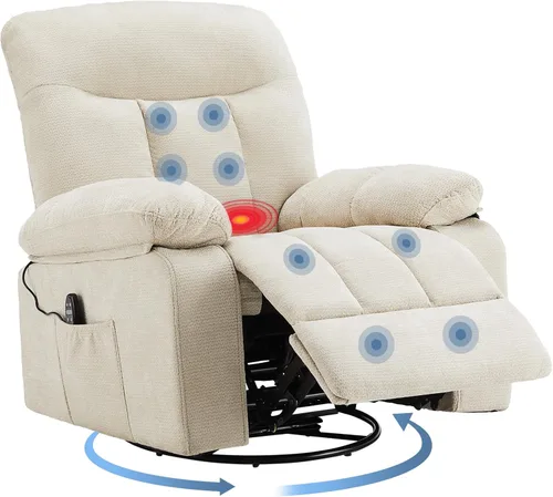 DUMOS Rocker - Silla reclinable giratoria con masaje por vibración y calefacción lumbar, sillón reclinable de tela de felpilla giratoria de 270° con