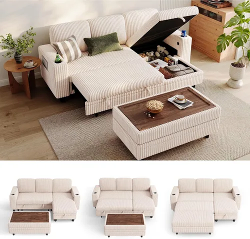 Miniatura 32 de LINSY HOME - Sofá cama extraíble modular con sección para dormir, con almacenamiento, sofá seccional de pana mullida para sala de estar, sofá cama
