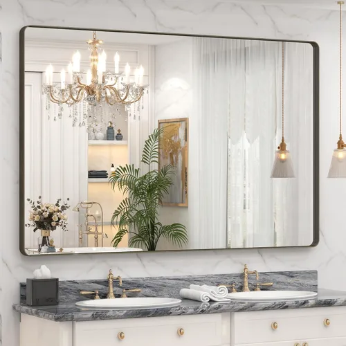 Miniatura 144 de Paquete de 2 espejos de baño con marco de metal negro de 22 x 30 pulgadas, espejo rectangular redondeado negro mate, antioxidante, se cuelga