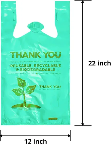Miniatura 2 de Paquete de 25 bolsas de camiseta con asas de 22 x 12 pulgadas, bolsas de plástico biodegradable verde para compras, bolsas de agradecimiento