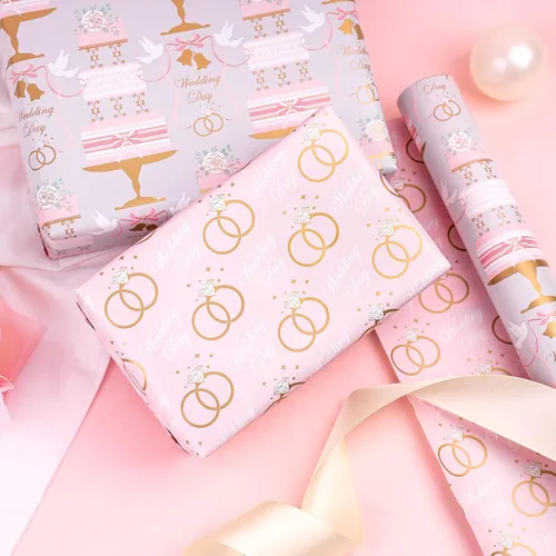 Miniatura 7 de WRAPAHOLIC Rollo de papel reversible para envolver bodas, mini rollo, 17 pulgadas x 33 pies, diseño floral de pastel y anillo, perfecto para bodas