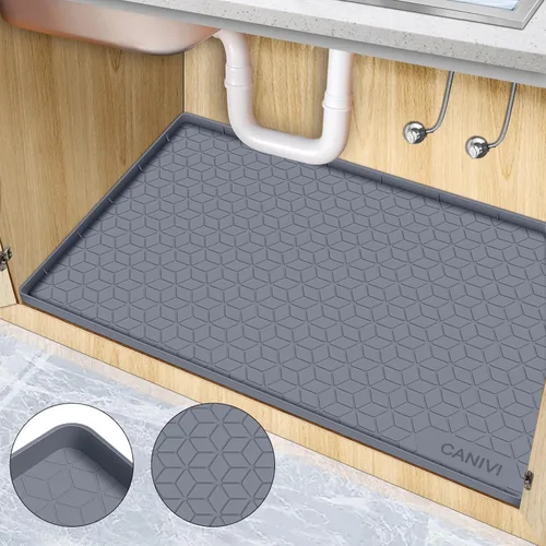 Tapete para debajo del fregadero, 34 x 22 pulgadas, bandeja de silicona impermeable debajo del fregadero para armarios de cocina y lavandería, Azul