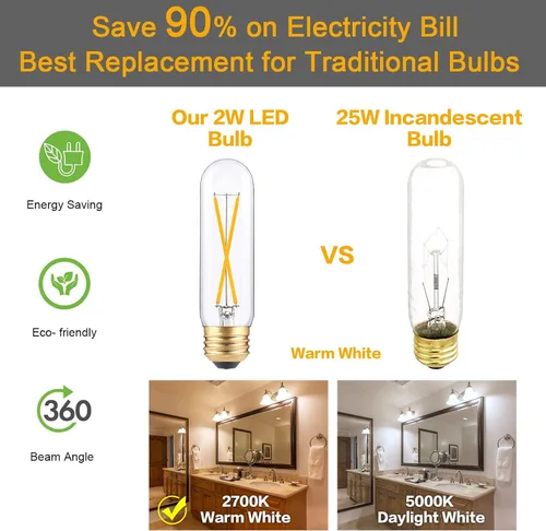 Miniatura 6 de Bombillas LED tubulares regulables de 2 W, blanco cálido de 2700 K, bombilla de filamento estilo Edison, bombilla vintage T10 equivalente a 25 W