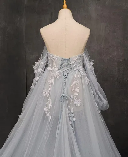 Miniatura 8 de Vestidos de maternidad de manga larga con hombros descubiertos para sesión de fotos de tul con apliques de encaje, vestido de embarazo, vestido