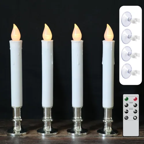 Velas cónicas de ventana sin llama de 9 pulgadas que funcionan con pilas con control remoto de 8 teclas y temporizador, paquete de 4 velas blancas