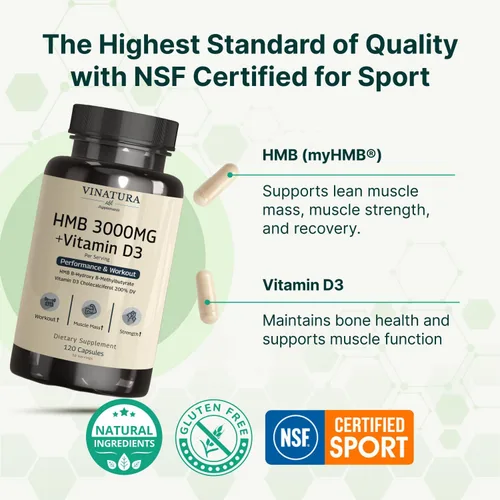 Miniatura 2 de VINATURA Suplemento HMB de 3000 mg y vitamina D3, defensa muscular con HMB (beta-hidroxi beta-metilbutirato), vitamina D3 (1600 UI), fabricado