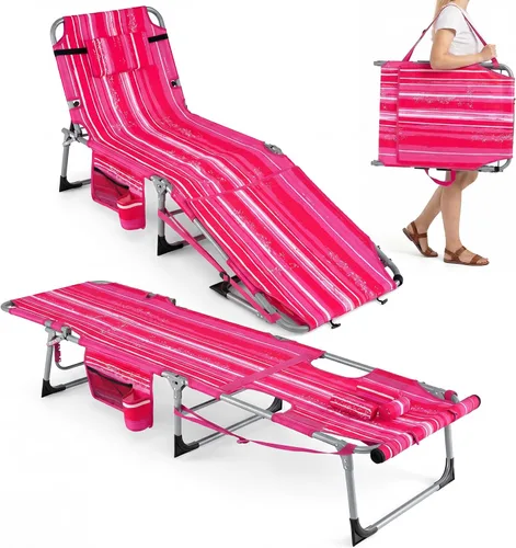 Miniatura 12 de Giantex Silla bronceadora, silla de playa de 330 libras con 5 posiciones ajustables, agujero para cara y brazo, correa para manos/hombros, almohada