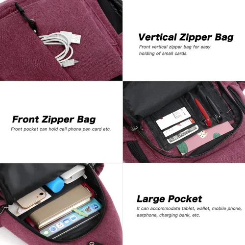 Miniatura 4 de MOSISO Mochila tipo bandolera, mochila de lona para senderismo con bolsillo antirrobo Rojo vino