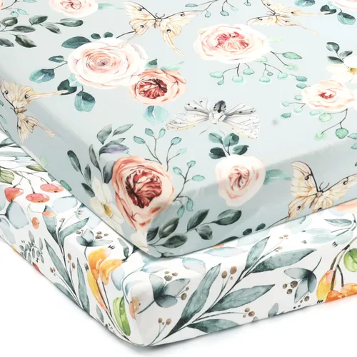 Miniatura 2 de GRSSDER Juego de 2 sábanas ajustables de punto de jersey elástico ultra suave, sábanas portátiles/minicuna para niñas, flores y frutas en acuarela