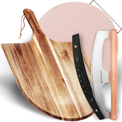 KitchenStar Cortador de pizza con hoja basculante de 16 pulgadas + cáscara de pizza de madera de 16 pulgadas + piedra para pizza para horno y