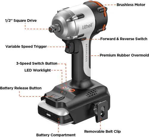 Miniatura 8 de LiTHELi Llave de impacto inalámbrica de 1/2 pulgada, 330 pies-libras (450N.m) Pistola de impacto sin escobillas de 2500 RPM, llaves de impacto