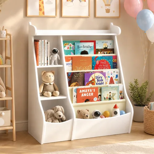 Miniatura 14 de FKWin Estantería infantil 2 en 1 y almacenamiento de juguetes de 5 niveles con carrito rodante, almacenamiento oculto para guardería, sala