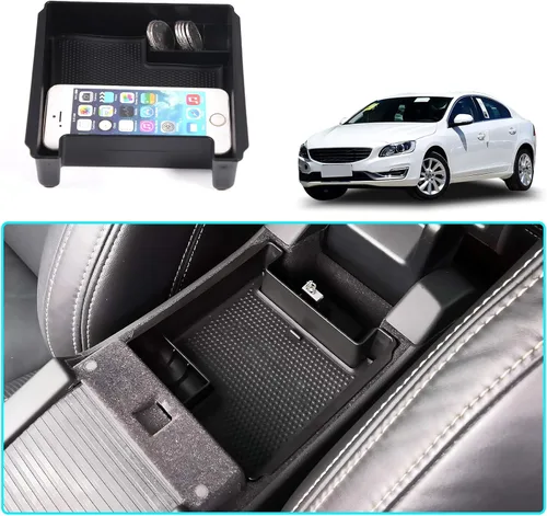 Miniatura 5 de Caja de almacenamiento negra con reposabrazos para consola central, bandeja de teléfono con alfombrilla y logotipo para Volvo S60 S60L V60 XC60