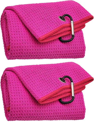 Miniatura 7 de Juego de 2 toallas de microfibra de tres pliegues con clip de mosquetón, toallas de golf con patrón de gofre para bolsas, toallas deportivas al aire