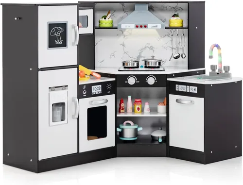 HONEY JOY Juego de cocina esquinera para niños, cocina modular de madera para niños pequeños, campana extractora, lavabo separado, juego de cocina