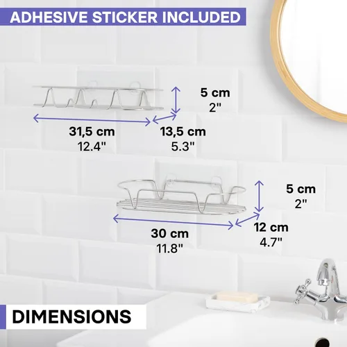 Miniatura 7 de KINCMAX Carrito de ducha, acero inoxidable SUS304 inoxidable, montaje en pared adhesivo, cestas redondas, paquete de 2 unidades (plata pulida)