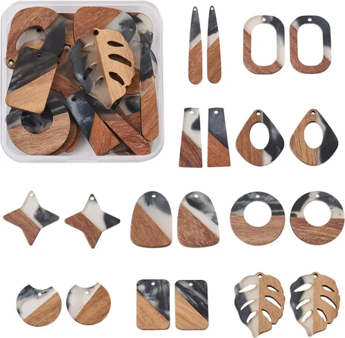 Miniatura 26 de Beadthoven 60 piezas Kit de Dijes de Madera de Resina Colgantes para Hacer Aretes Dijes Dorados para Aretes DIY Boho Piezas en Blanco de Madera