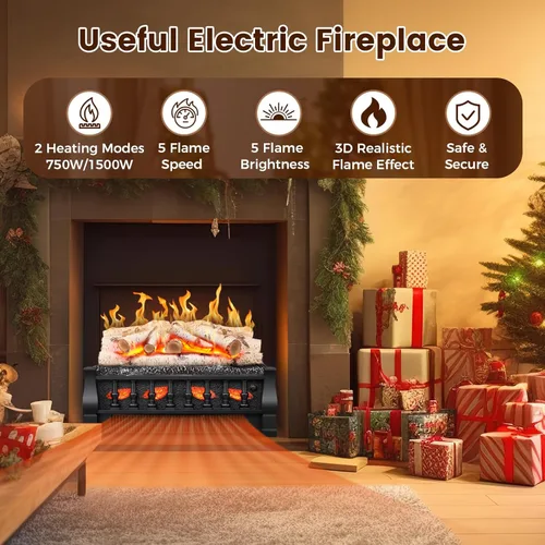 Miniatura 7 de Chimenea eléctrica de inserción con calentador de leña de 21 pulgadas, 5 niveles de brillo de llama, múltiples velocidades de parpadeo, calefacción