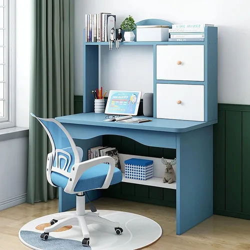 Miniatura 11 de QQXX Juego de escritorio y silla de altura ajustable, mesa de estudio de madera con gabinete y cajón de almacenamiento, mesa de escritorio de Azul A