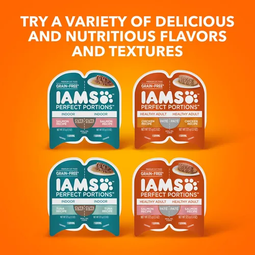 Miniatura 9 de IAMS Perfect Portions - Paquete variado de alimento húmedo para gatos adultos de interior, cortes en salsa, recetas de salmón y atún, 2.6 oz.