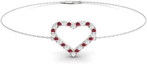 Diamondere Pulsera de cadena de corazón de diamantes y piedras preciosas naturales y certificadas, en oro blanco de 14 quilates, pulsera de 0.34