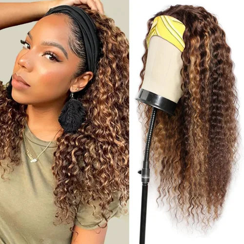 Miniatura 42 de Peluca de cabello humano con diadema de ondas profundas, sin pegamento, pelucas de cabello rizado sin encaje frontal, pelucas de cabello humano