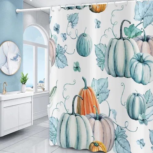 Miniatura 3 de Cortina de ducha de calabaza otoñal, cosecha de otoño, cortina de baño de calabaza azul amarilla de Acción de Gracias, decoración de bañera