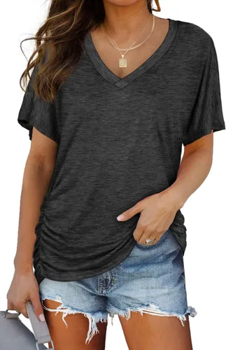 Miniatura 13 de WIHOLL - Camisetas de manga corta con cuello en V para mujer, holgadas, con fruncido lateral