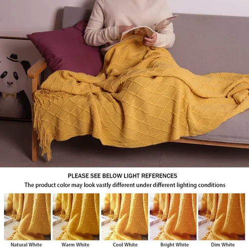 Miniatura 7 de Manta suave, cálida y tejida con flecos decorativos, ligera para cama o sofá decorativa (amarillo, 50 x 90 pulgadas)