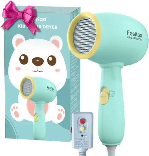 Feekaa Secador de pelo para niños, calor suave de bajo ruido para la piel de los niños, regalo para cumpleaños de niños, Navidad, amarillo-verde