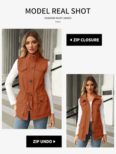 Miniatura 2 de Koodred - Chaleco militar casual para mujer, ligero, sin mangas, con cordón, con bolsillos
