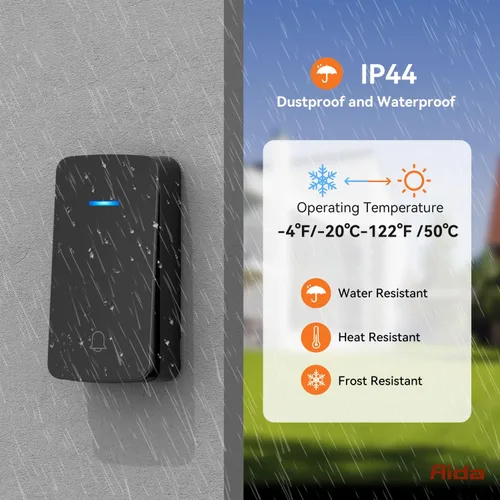 Miniatura 5 de AIDA - Timbre inalámbrico, timbre autoalimentado con tomacorriente adicional, botón de presión sin necesidad de batería, timbre de puerta Negro