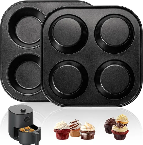 Yomvzake Molde para magdalenas para freidora de aire, paquete de 2 moldes para freidora de aire, horno tostador, sartén antiadherente para hornear