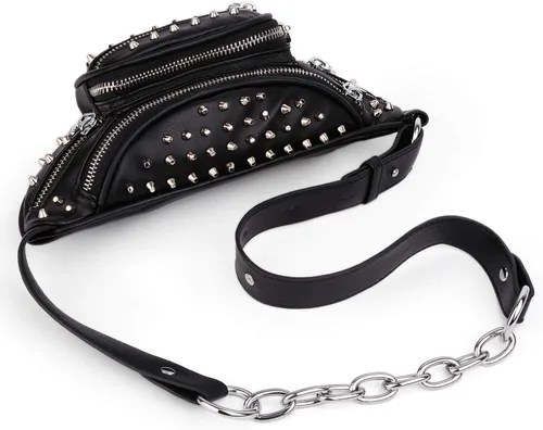 Miniatura 5 de UTO Fanny-Pack-for-Women's - Riñonera vegana de cuero con remaches tachuelas, ligera, con cremallera, bolsillo al hombro, 0879 Negro