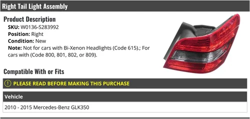 Marketplace Auto Parts, Conjunto de luz trasera derecha del lado del pasajero, compatible con Mercedes-Benz GLK350 2010-2015 (no para modelos con