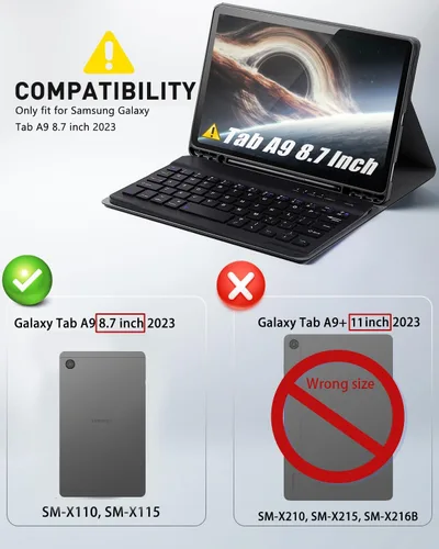 Miniatura 2 de TUNKARMOR Funda para teclado para Tab A9 de 8.7 pulgadas (2023) - Funda delgada con teclado desmontable y ratón con soporte para bolígrafo, función