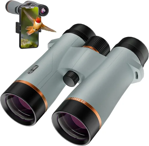 Prismáticos ED de 10 x 42 para adultos de alta potencia con adaptador de teléfono, prismáticos impermeables con lentes ED, transparentes