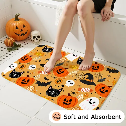 Miniatura 5 de Mocsicka Juego de 4 cortinas de ducha de Halloween para baño, juego de baño de calabaza y fantasma de dibujos animados con alfombras