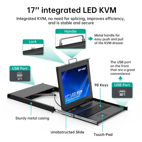 Miniatura 2 de MT-VIKI Conmutador KVM para rack con monitor LCD de 17 pulgadas, conmutador KVM VGA de 16 puertos con monitor táctil de teclado, apto para rack