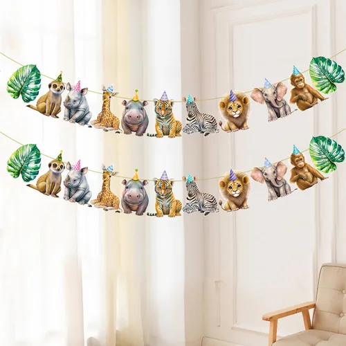 Miniatura 7 de Pancarta de animales de safari, 2 unidades, banderines recortados para fiesta de selva, carteles colgantes con temática de safari, decoraciones