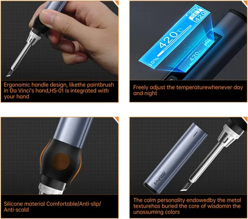 Miniatura 7 de Kit de soldadura FNIRSI, soldador digital mini DC/PD (96W/65W), calentamiento rápido 180-780℉, 6 puntas de soldadura, pantalla OLED digital