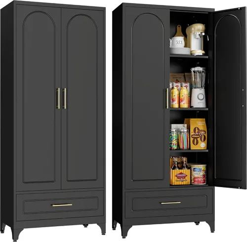 Miniatura 9 de Armario de almacenamiento de metal negro con puerta, armario de despensa de cocina con 3 estantes ajustables, armarios de almacenamiento de 60