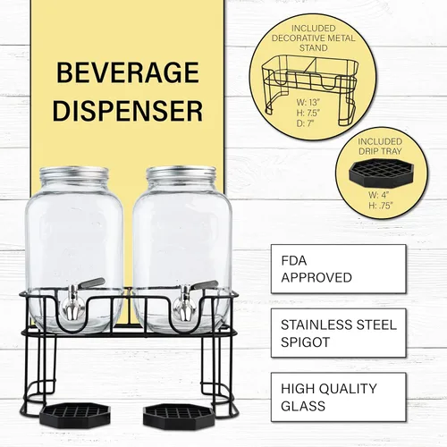 Miniatura 2 de Kitchentoolz Dispensadores de bebidas de vidrio de doble galón con infusor de frutas e inserto de hielo, espitas de acero inoxidable, soporte
